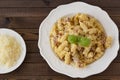 Homemade Pasta carbonara Italian with Bacon, eggs, Parmesan Cheese on white plate on a dark background. Royalty Free Stock Photo