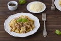 Homemade Pasta carbonara Italian with Bacon, eggs, Parmesan Cheese on white plate on a dark background. Royalty Free Stock Photo