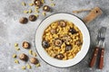 Homemade pasta with cheese and dried mushrooms. Mac and cheese with mushroom. Royalty Free Stock Photo