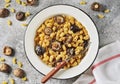 Homemade pasta with cheese and dried mushrooms. Mac and cheese with mushroom. Royalty Free Stock Photo