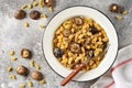 Homemade pasta with cheese and dried mushrooms. Mac and cheese with mushroom. Royalty Free Stock Photo