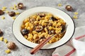 Homemade pasta with cheese and dried mushrooms. Mac and cheese with mushroom. Royalty Free Stock Photo