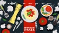 Homemade pasta vector illustration for Italian food restaurant landing page with spaghetti, tomato sauce, basil and Royalty Free Stock Photo