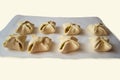 Homemade pastries. Cookies, puffs or nooks are ready for baking. Products from raw dough with apples lie on parchment paper. Side