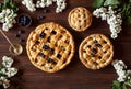 Homemade pastry apple pie bakery products on dark wooden kitchen table with raisins, honey and apples. Traditional Royalty Free Stock Photo