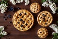 Homemade pastry apple pies bakery products on dark wooden kitchen table with raisins, cinnamon, blueberry and apples Royalty Free Stock Photo