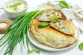 Homemade patty pies with cottage cheese and greens. High protein food, gluten free bakery Royalty Free Stock Photo