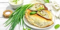 Homemade patty pies with cottage cheese and greens. High protein food, gluten free bakery Royalty Free Stock Photo
