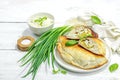 Homemade patty pies with cottage cheese and greens. High protein food, gluten free bakery Royalty Free Stock Photo