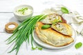 Homemade patty pies with cottage cheese and greens. High protein food, gluten free bakery Royalty Free Stock Photo