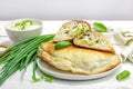 Homemade patty pies with cottage cheese and greens. High protein food, gluten free bakery Royalty Free Stock Photo