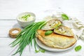 Homemade patty pies with cottage cheese and greens. High protein food, gluten free bakery Royalty Free Stock Photo