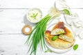 Homemade patty pies with cottage cheese and greens. High protein food, gluten free bakery Royalty Free Stock Photo