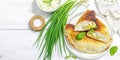 Homemade patty pies with cottage cheese and greens. High protein food, gluten free bakery Royalty Free Stock Photo