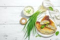 Homemade patty pies with cottage cheese and greens. High protein food, gluten free bakery Royalty Free Stock Photo