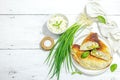 Homemade patty pies with cottage cheese and greens. High protein food, gluten free bakery Royalty Free Stock Photo