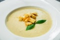 Homemade pea soup with grilled bread in a bowl Royalty Free Stock Photo