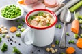 Homemade pea soup with sausage and croutons Royalty Free Stock Photo