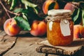 Homemade Peach Jam in Glass Jars with Fresh Peaches on Wooden Table