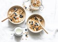 Homemade peanut butter granola with greek yogurt and blueberries on a light background, top view. Healthy energy breakfast or snac