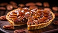 Homemade pecan pie with a buttery crust and pecan topping on a rustic wooden background