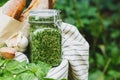 Homemade Pesto in a glass jar with basil, garlic, bread outdoors in a basket. Picnic basket with Pesto sauce for preparing garlic Royalty Free Stock Photo