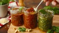 Homemade pesto sauce in glass jars on wooden table, Generative AI illustrations Royalty Free Stock Photo