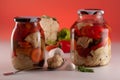 Homemade pickle of pickled vegetables in a glass jar