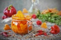 Homemade pickled carrots with garlic and chili in glass jars Royalty Free Stock Photo