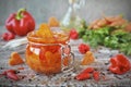 Homemade pickled carrots with garlic and chili in glass jars Royalty Free Stock Photo