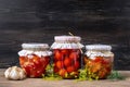 Homemade pickled cherry tomatoes, cucumbers, champignons, garlic, eggplant, red peppers in jars on wooden shelf Homemade canned Royalty Free Stock Photo