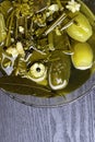 Homemade pickled cucumbers in brine with garlic, dill and horseradish. Wooden background , copy space. Royalty Free Stock Photo