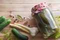 Homemade pickled cucumbers with dill, garlic, horseradish and spices in glass jar on wooden background Royalty Free Stock Photo