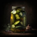 Homemade pickled cucumbers in a glass jar on a dark background Royalty Free Stock Photo