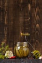 Pickled cucumbers in a jar on a dark background copy space Royalty Free Stock Photo