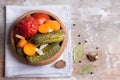 Homemade pickled tomatoes and cucumbers with carrots, garlic and Bay leaf. Light napkin. Royalty Free Stock Photo