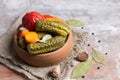 Homemade pickled tomatoes and cucumbers with carrots, garlic and Bay leaf Royalty Free Stock Photo