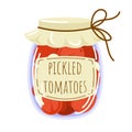 Homemade pickled tomatoes in glass jar. Flat style illustration of marinated vegetables for packaging, label, menu, food