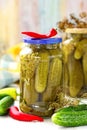 Homemade pickles in jar. Preserving pickled cucumbers. Royalty Free Stock Photo