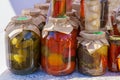 Homemade pickles in jars on the counter of the city fair. November 11, 2021 Balti Moldova