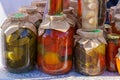 Homemade pickles in jars on the counter of the city fair. November 11, 2021 Balti Moldova