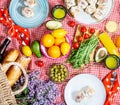 Homemade picnic with fresh fruits, vegetables, salad, orange juice, flowers and baguette on a red plaid. Beautiful still life