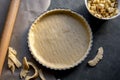 Homemade pie crust in pie plate. Cooking apple pie, dark background Royalty Free Stock Photo