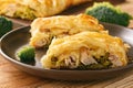 Homemade pie stuffed with broccoli, chicken and cheese.