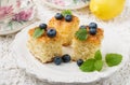 Homemade pie for tea from coconut, lemon and fresh berries Royalty Free Stock Photo