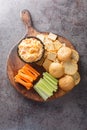 Homemade Pimento Cheese Spread with Crackers and Veggies closeup on the wooden board. Vertical top view