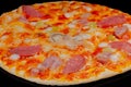 Homemade pizza baking on tray in electric oven: close up Royalty Free Stock Photo