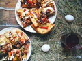 homemade pizza, a cup of tea and eggs Royalty Free Stock Photo