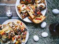 Homemade pizza, eggs and a cup of tea