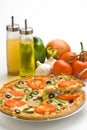 Homemade pizza fresh tomato olive mushroom cheese